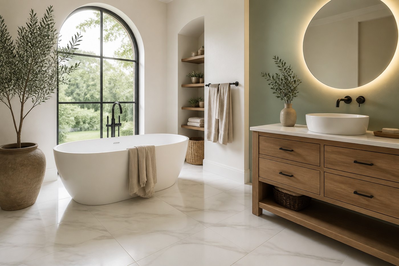 AI-rendered luxury bathroom remodel — freestanding soaking tub, white oak vanity, sage accent wall