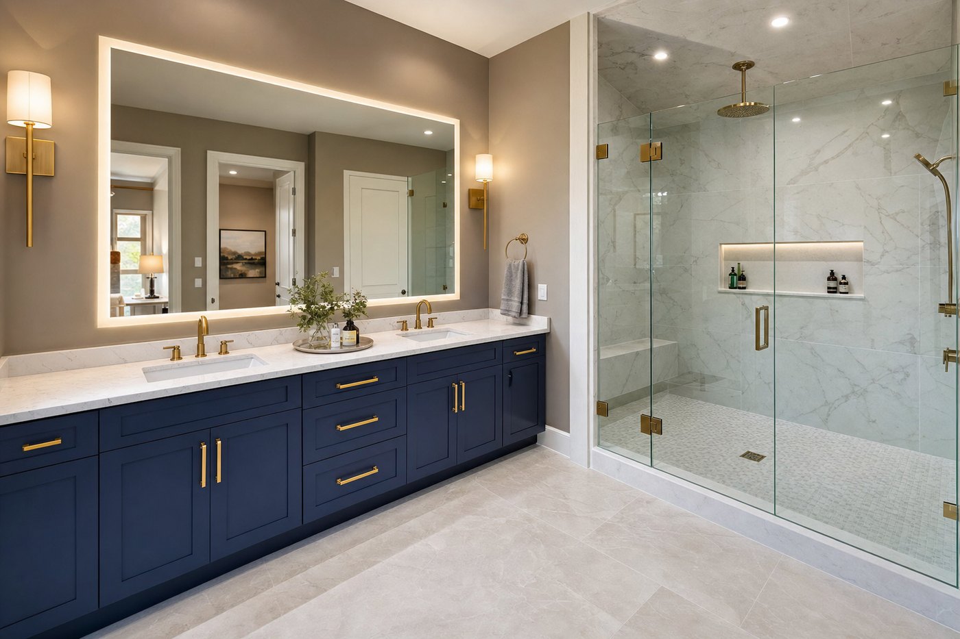 AI-rendered luxury bathroom remodel — navy double vanity, marble-look tile, frameless glass shower