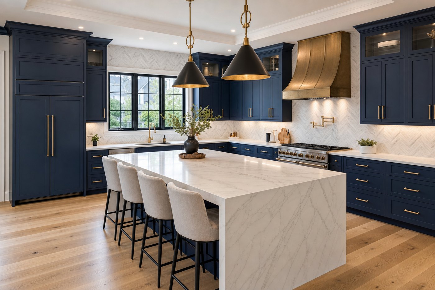 AI-rendered luxury kitchen remodel — navy cabinets, waterfall marble island, brass range hood, herringbone backsplash