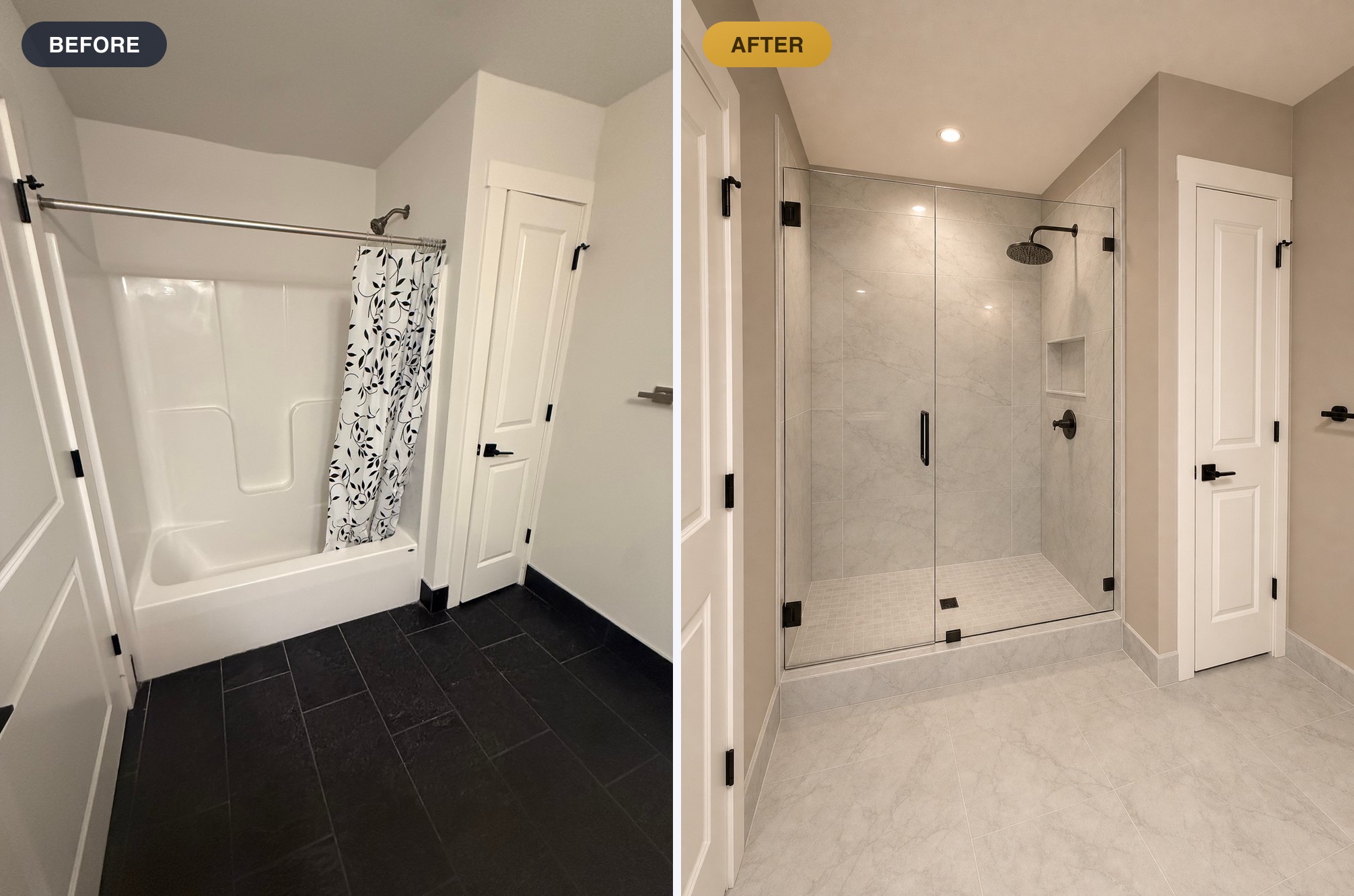 Before and after — a real customer's bathroom photo next to RENO's AI-rendered Luxury Remodel of the exact same room