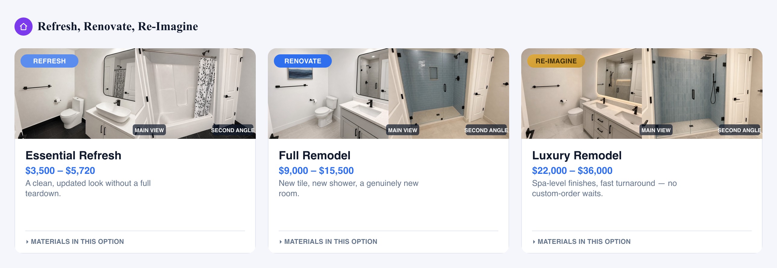 RENO's three renovation tiers — Essential Refresh, Full Remodel, and Luxury Remodel — shown side by side with real AI-rendered photos, pricing, and what's included in each